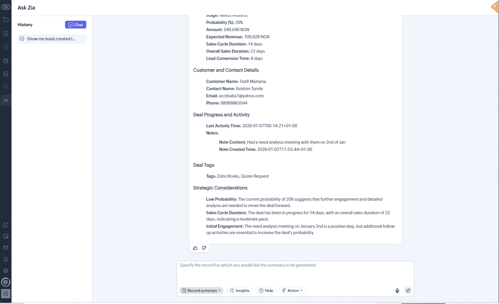How to find Zia AI in Zoho CRM