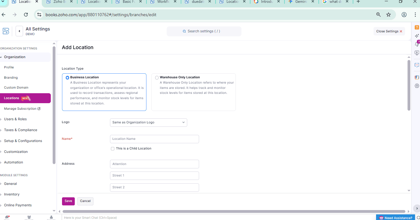 locations in Zoho Books