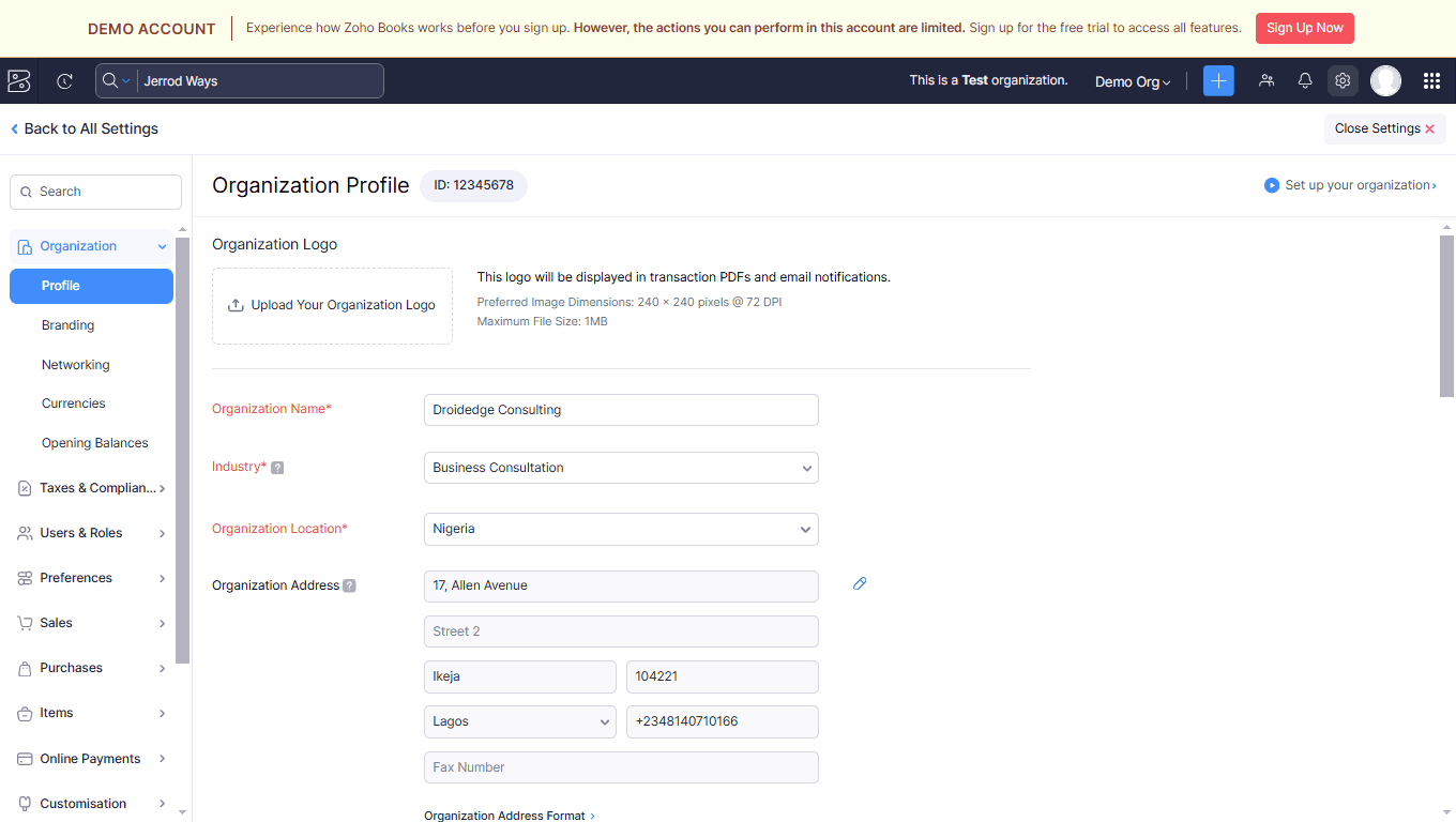 a screenshot image from zoho books that shows how to add company or organization info