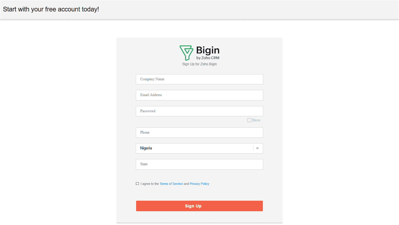 how to create a free Bigin by Zoho CRM account