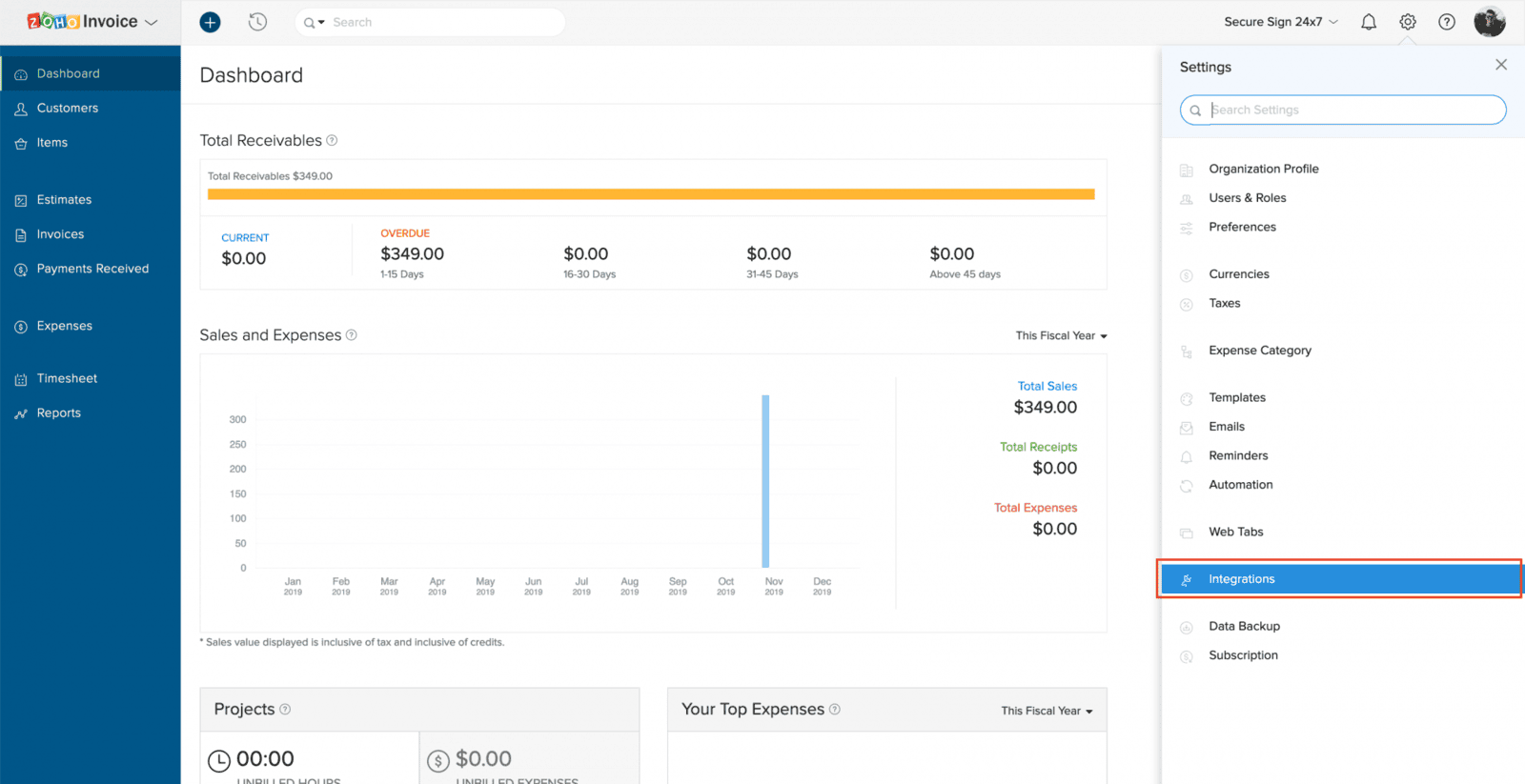 screenshot image thst shows the dashboard page of Zoho Books interface