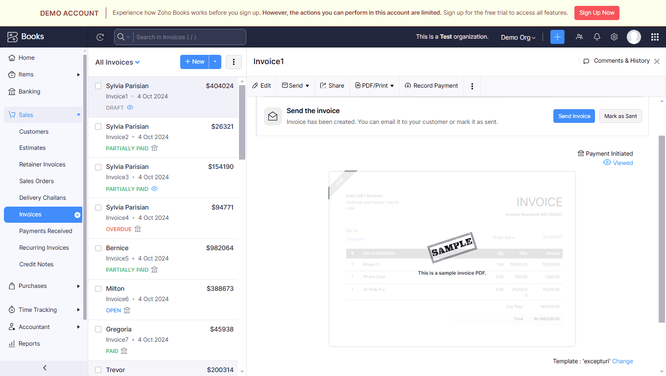 a screenshot image from zoho books that shows how to create  a professional invoice