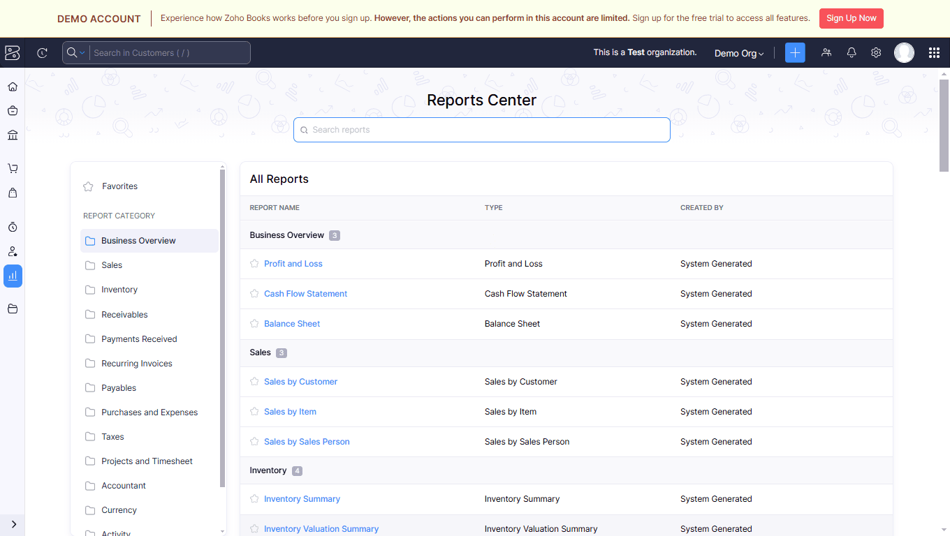 a screenshot image from zoho books that shows the reporting tool
