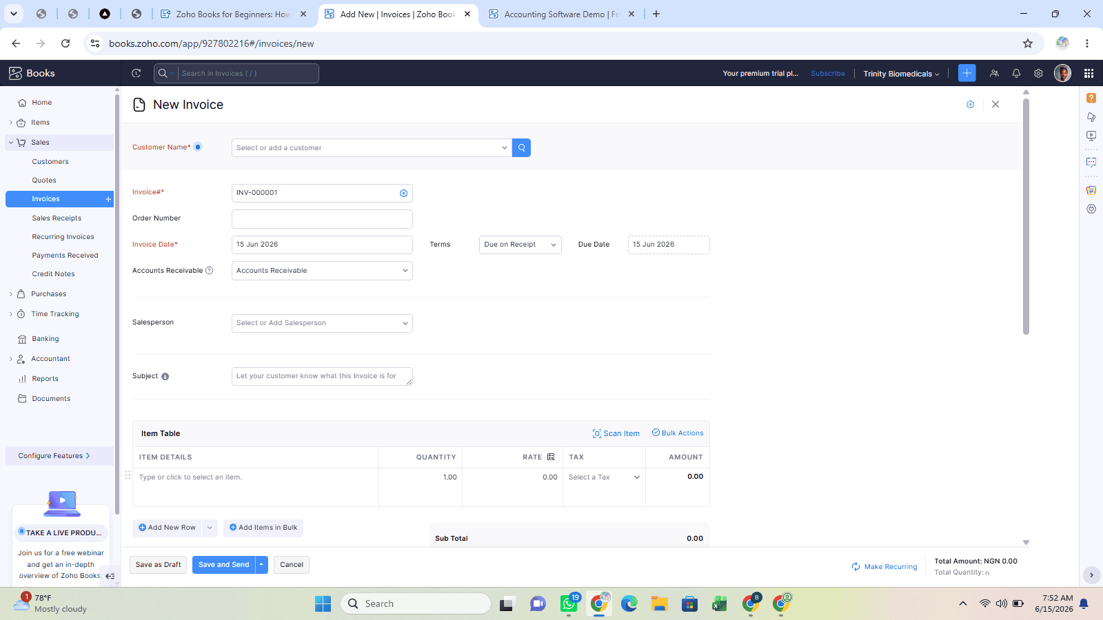 Create Your First Invoice in Zoho Books