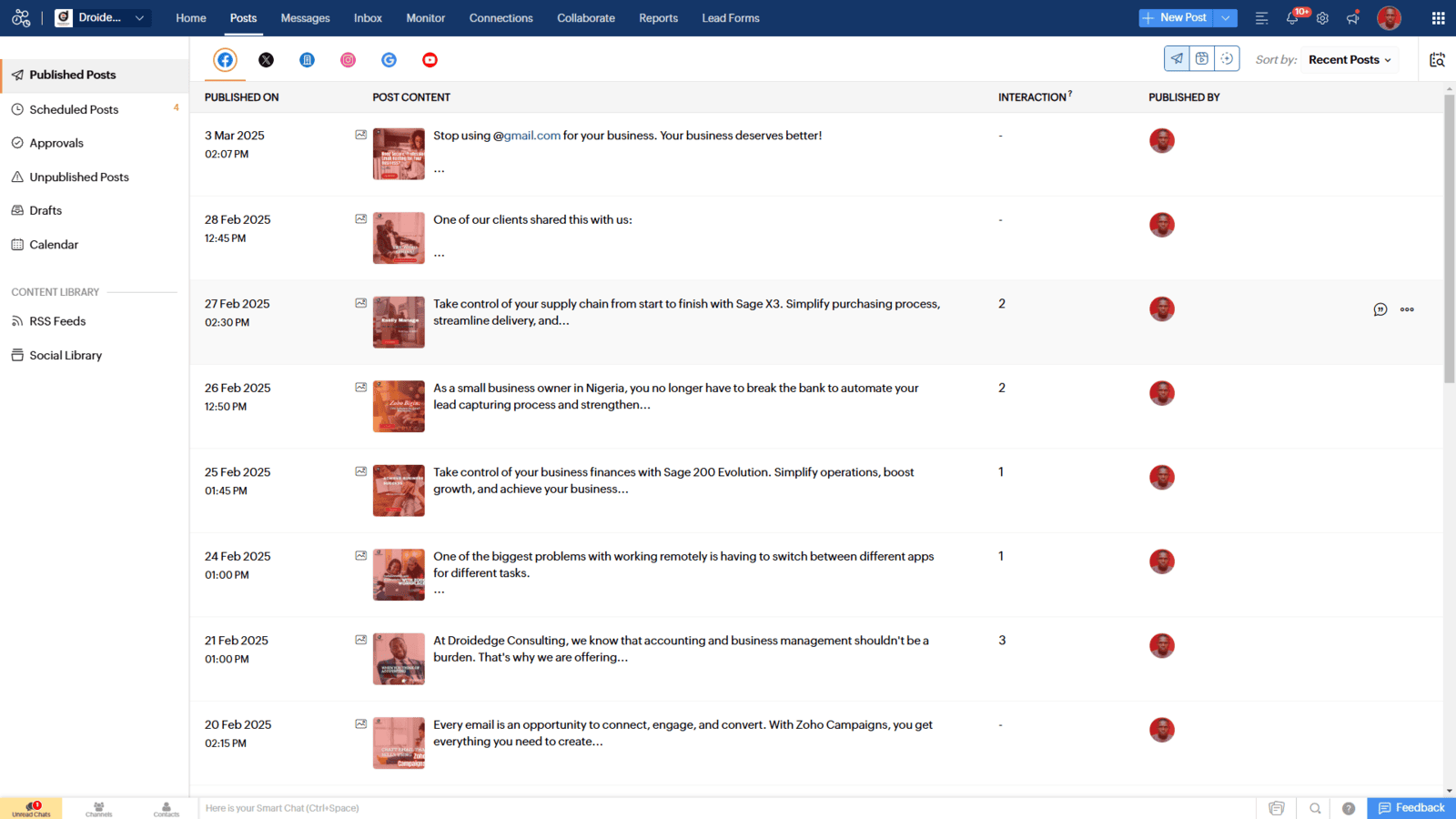 Screenshot image of the dashboard of zoho Social ---social media management tool