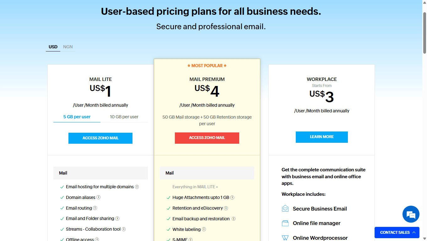 Zoho Mail Pricing Plan