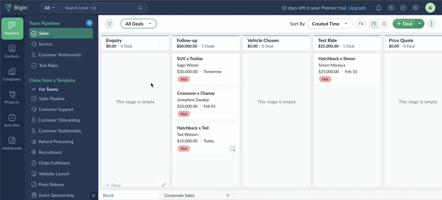screenshot taken from the dashboard of zoho bigin