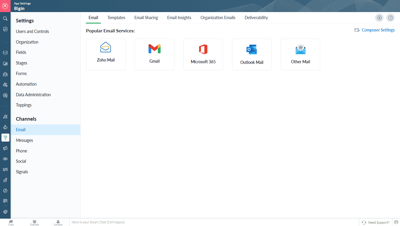how to integrate emails, social, and website on Bigin by Zoho CRM