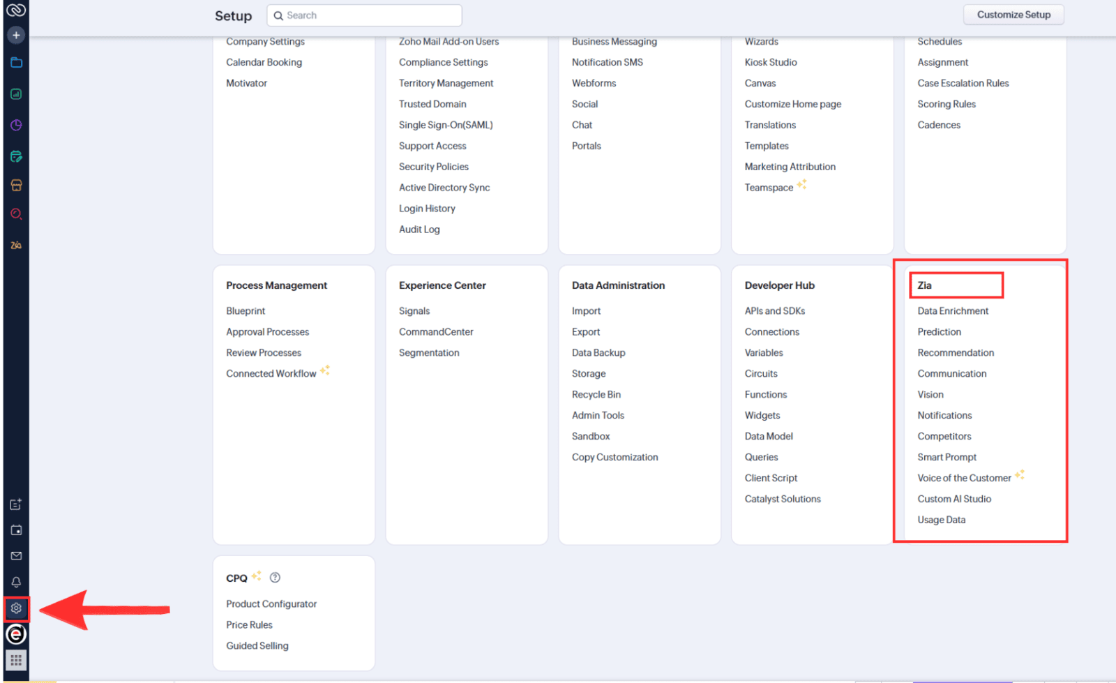 How to find Zia AI in Zoho CRM