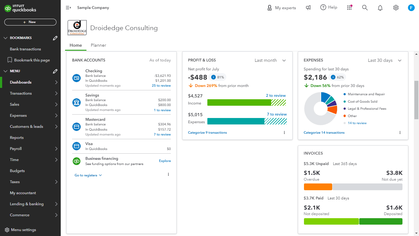 screenshot image from the dashboard of  quickbooks online