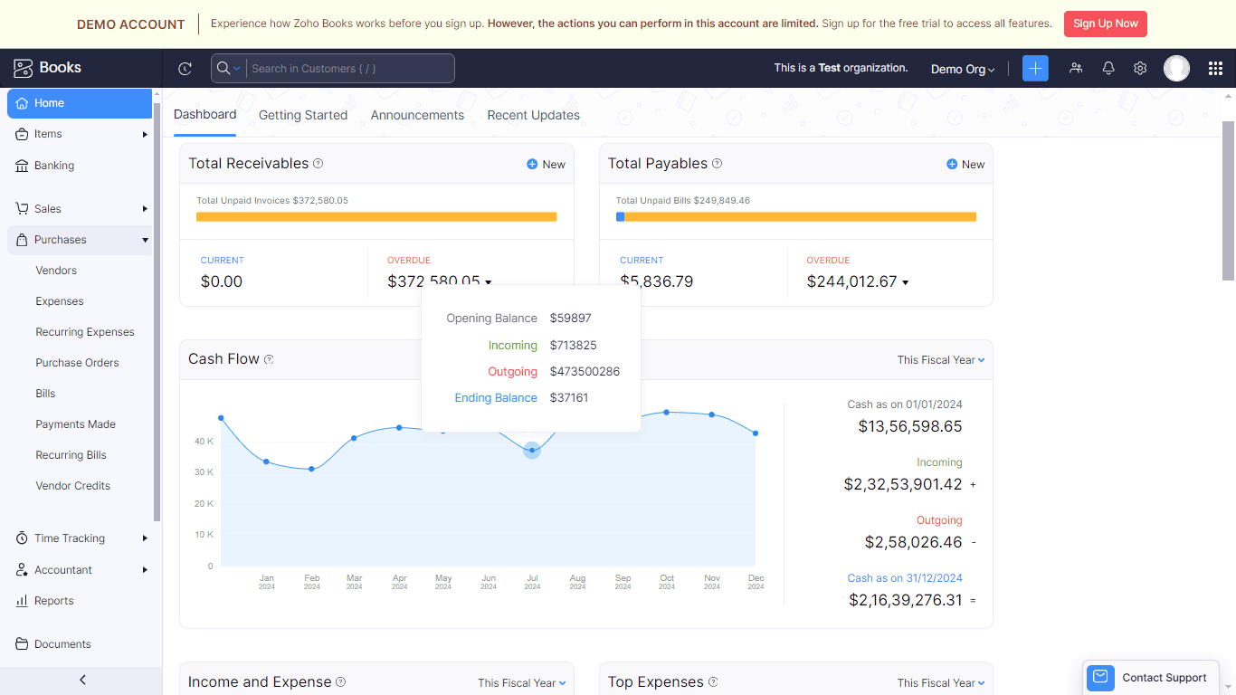 screenshot image from the dashboard of zoho books 