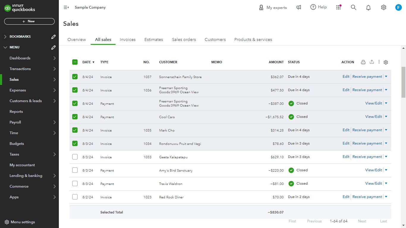 screenshot image from the dashboard of  quickbooks online