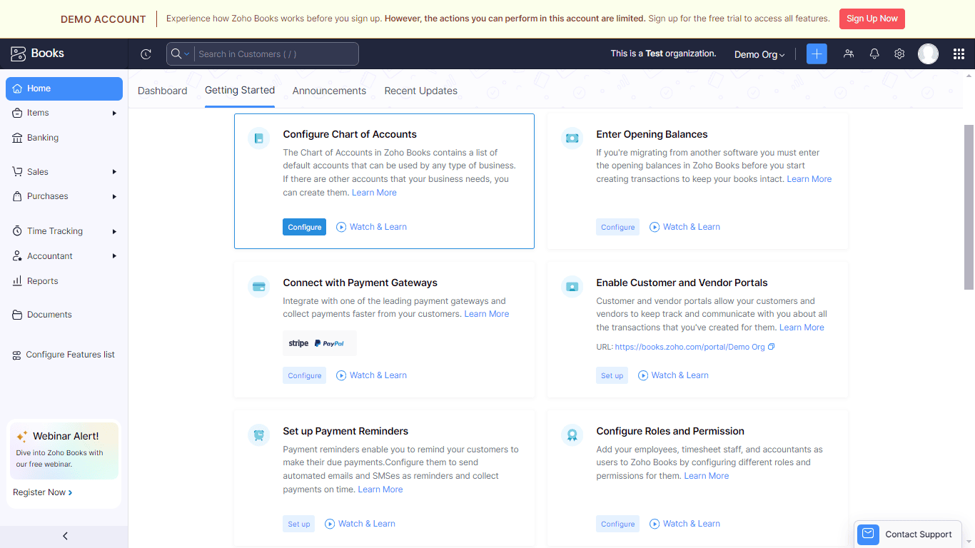 screenshot image from the dashboard of zoho books 