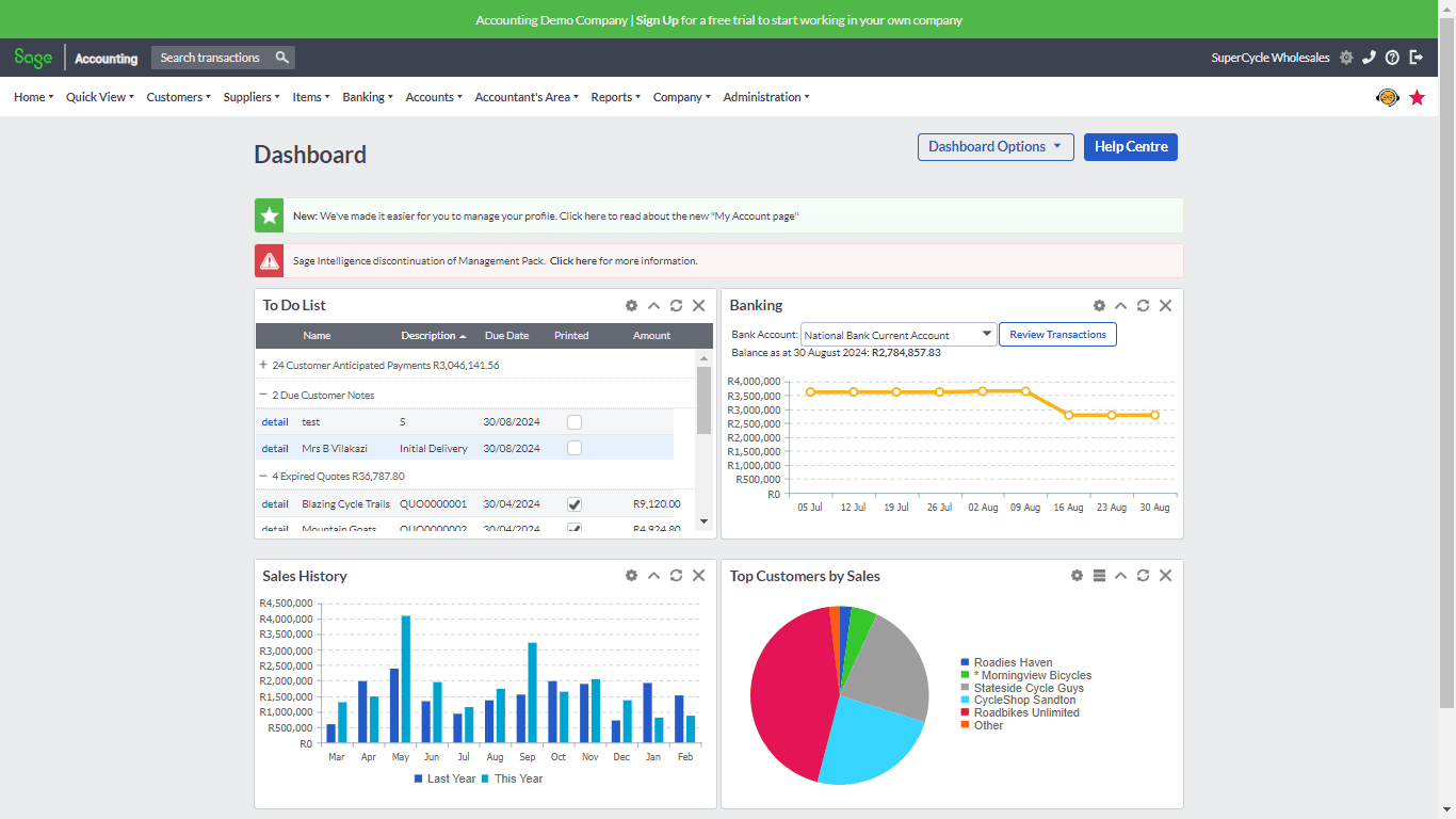 screenshot image from the dashboard of sage business cloud