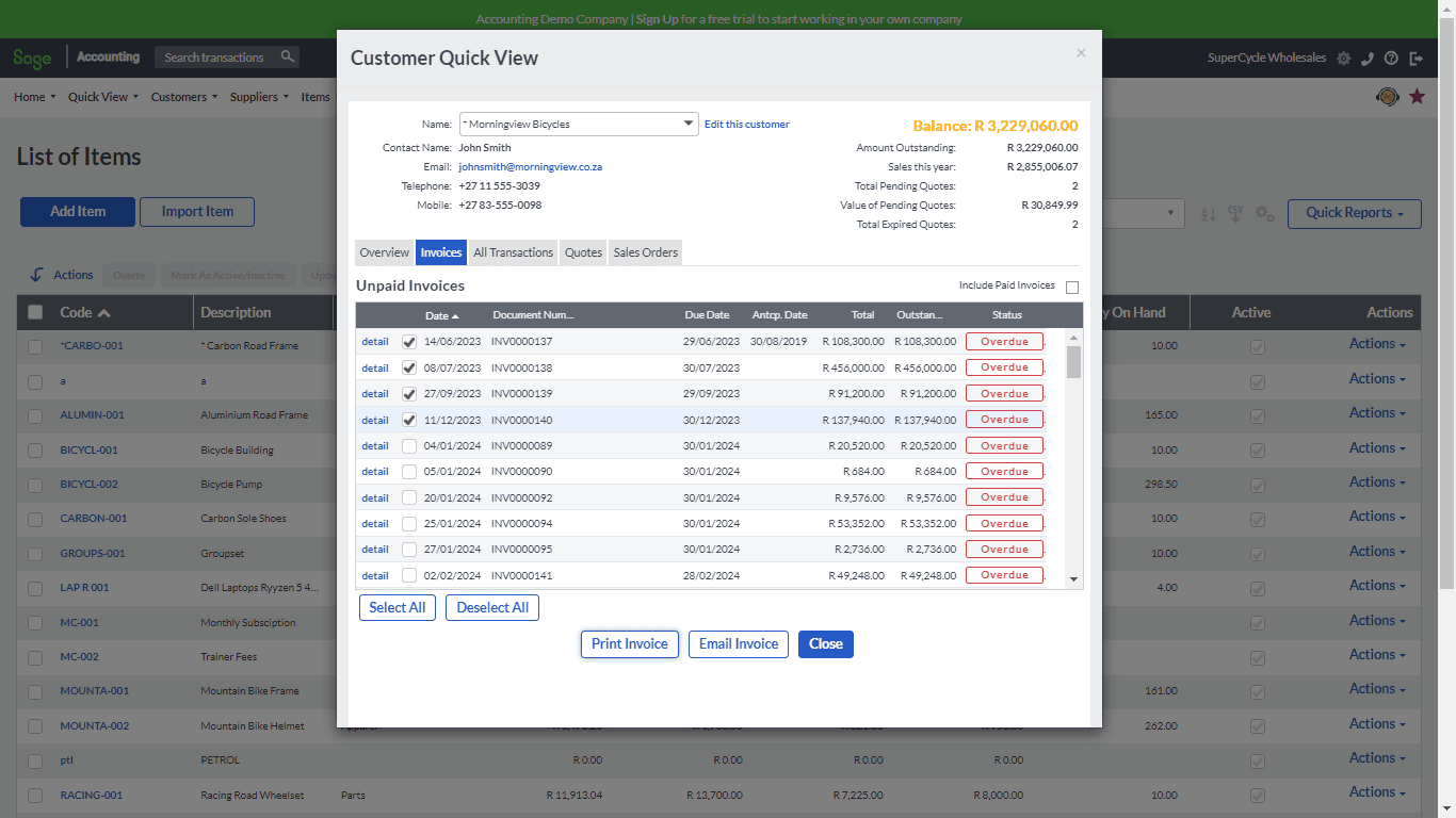 screenshot image from the dashboard of sage business cloud