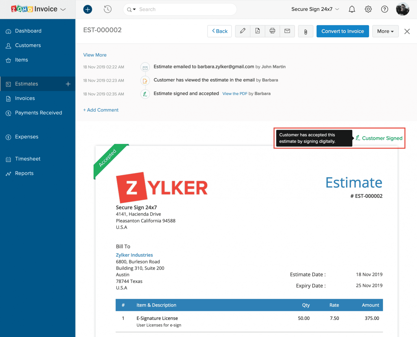 screenshot image thst shows the dashboard page of Zoho Books interface