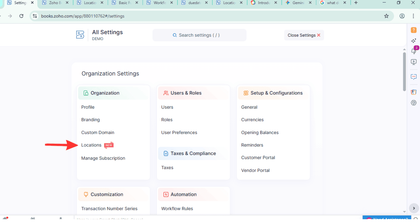 locations in Zoho Books