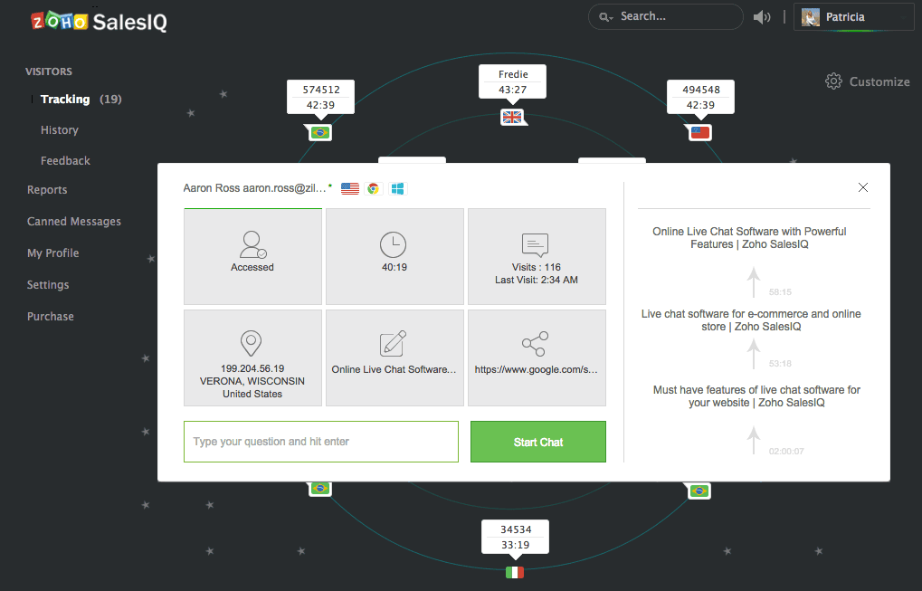 screenshot image thst shows the dashboard page of Zoho salesiq interface